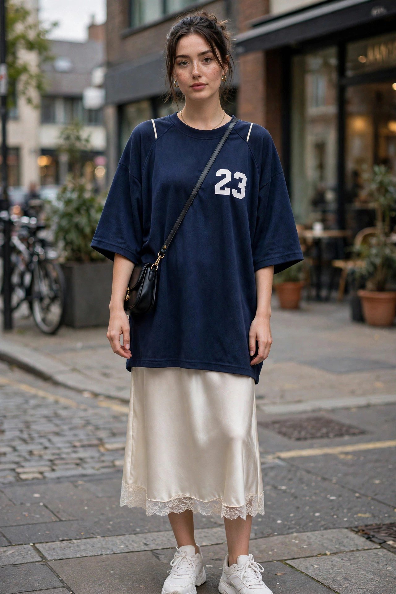Woman layering an oversized jersey over a slip dress