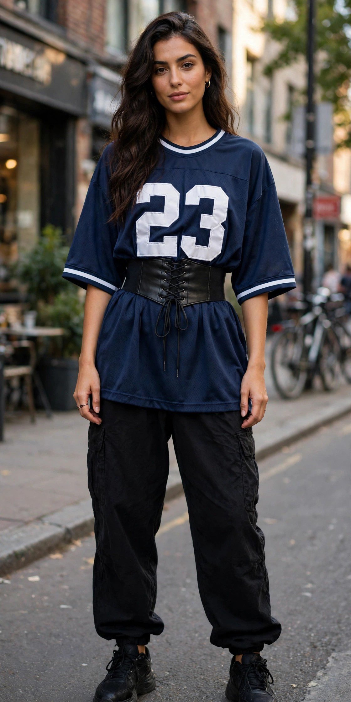Woman cinching an oversized jersey with a wide belt at the waist
