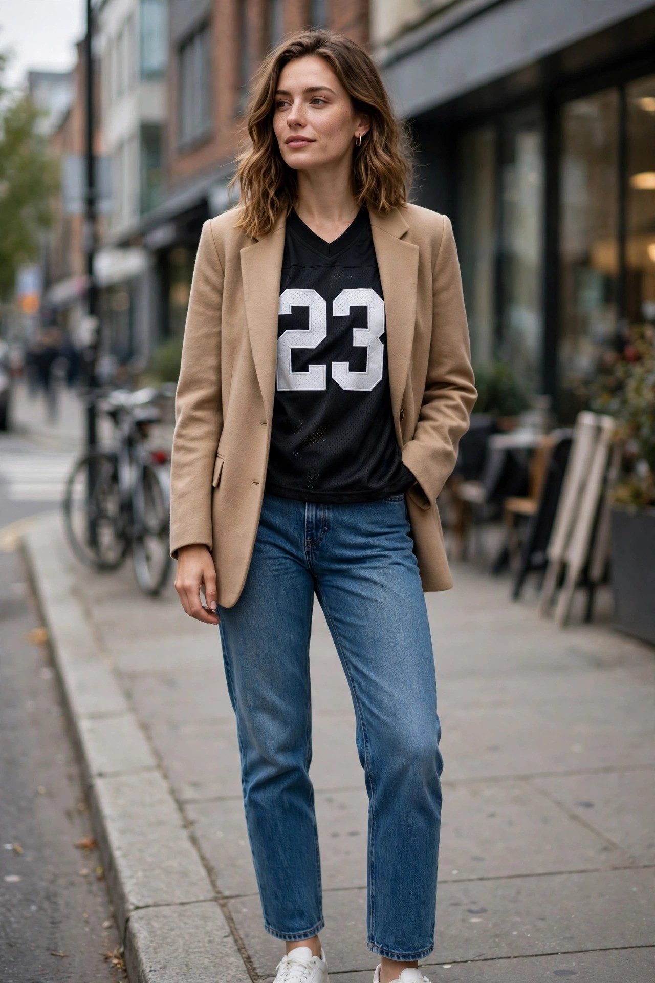 Woman layering an oversized jersey under a blazer for a dressed-up game day