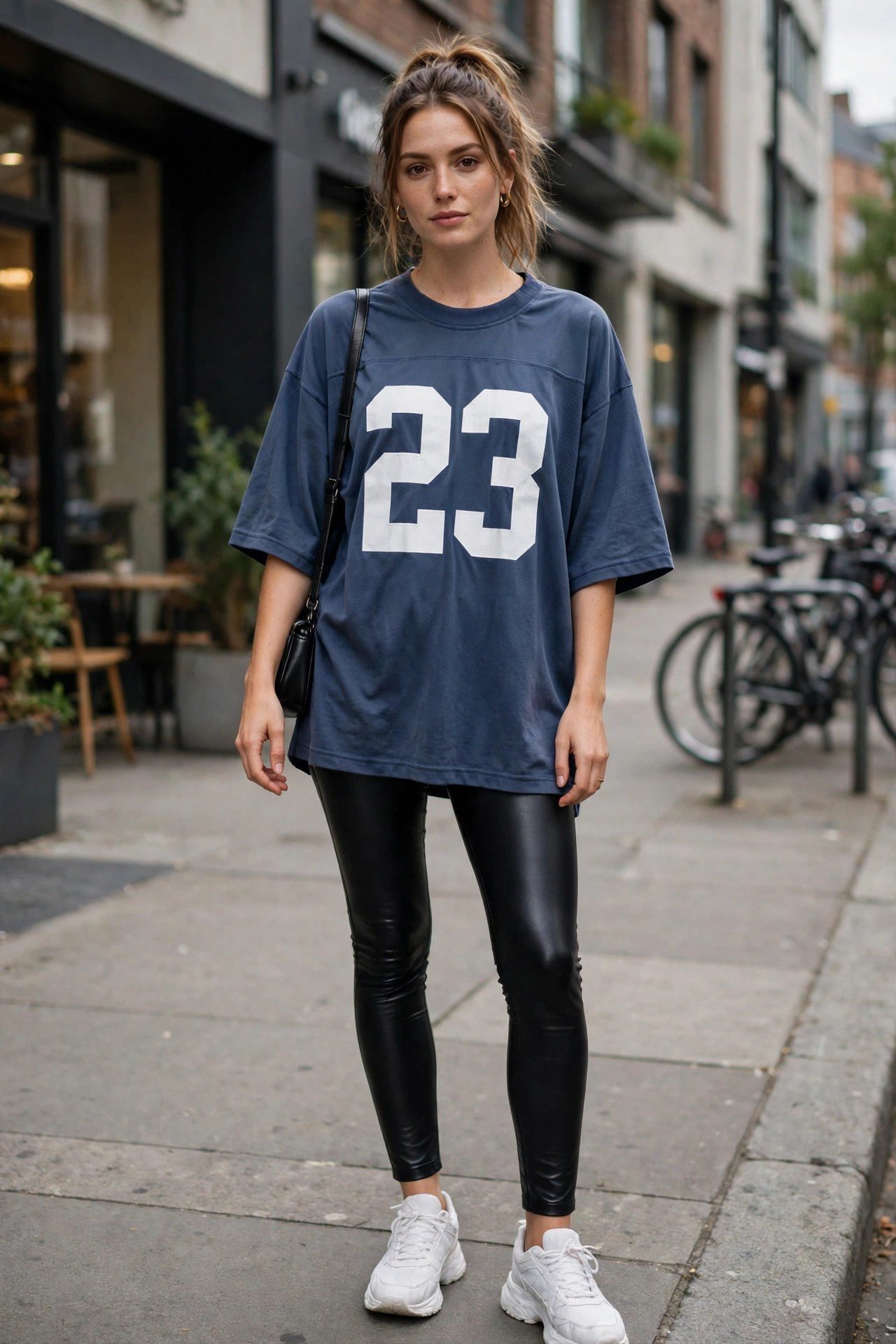 Woman styling an oversized jersey with leather leggings and boots