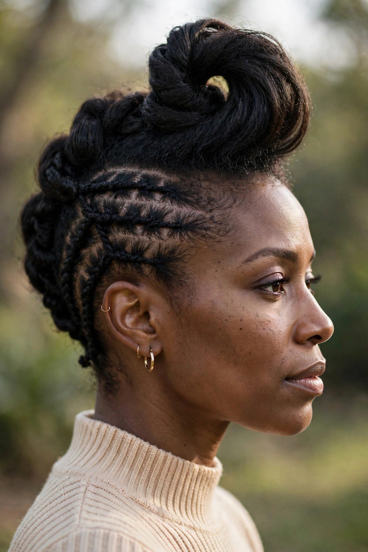 Twisted pompadour updo on natural hair