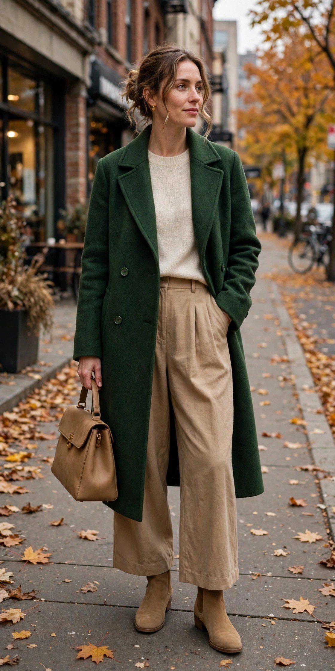 Woman in forest green and tan outdoorsy game day outfit