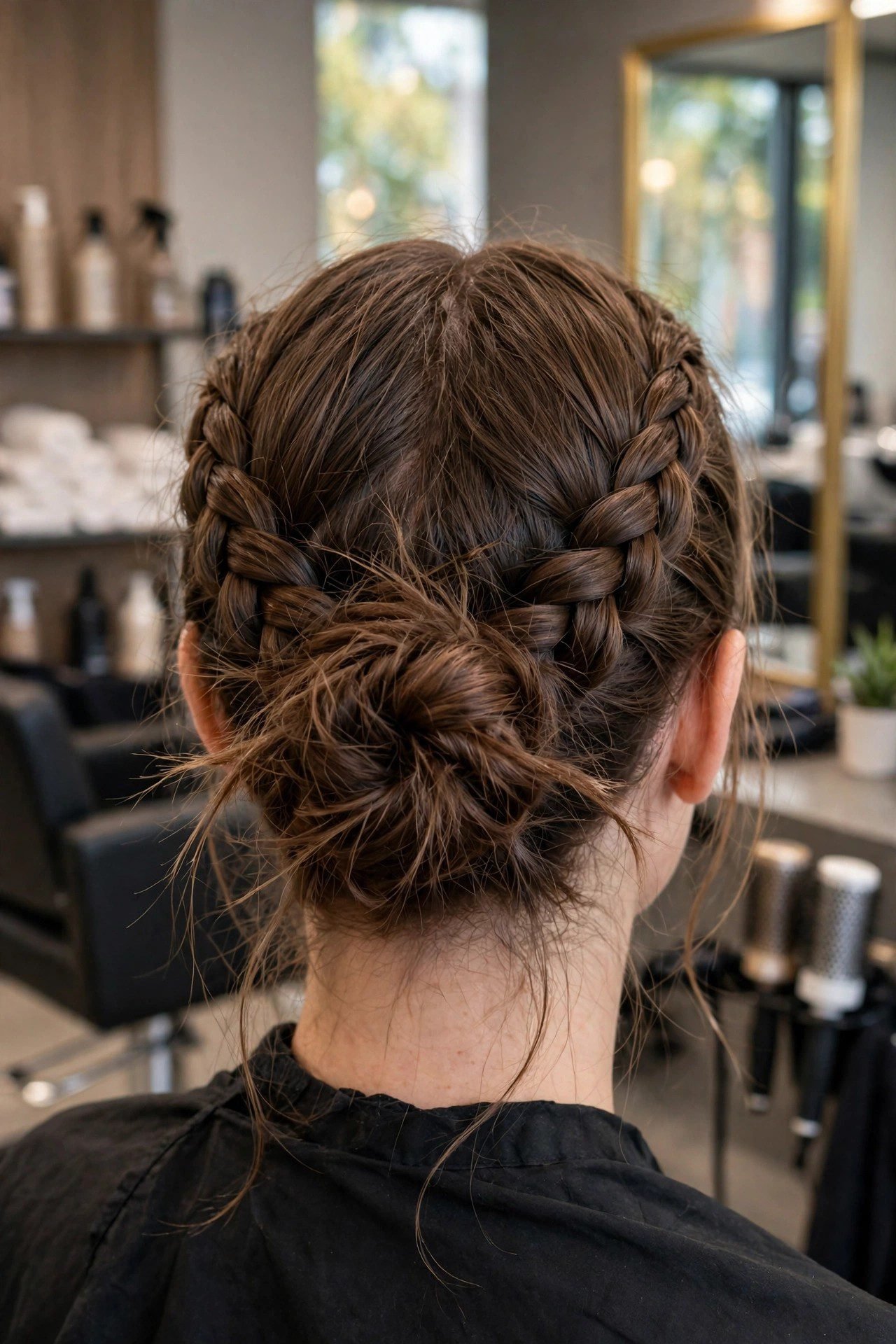 Double Braids into a Messy Bun hairstyle