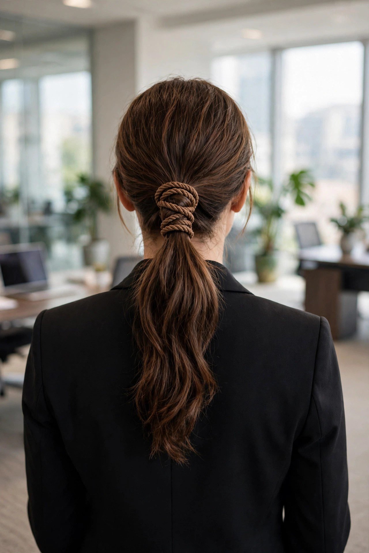 Twisted low ponytail hairstyle on a woman in office attire
