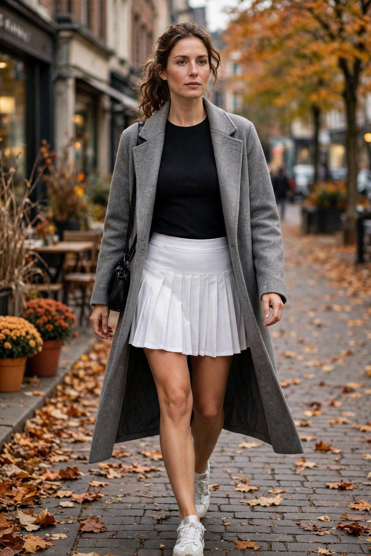 Woman wearing a tennis skirt with a long wool coat in fall