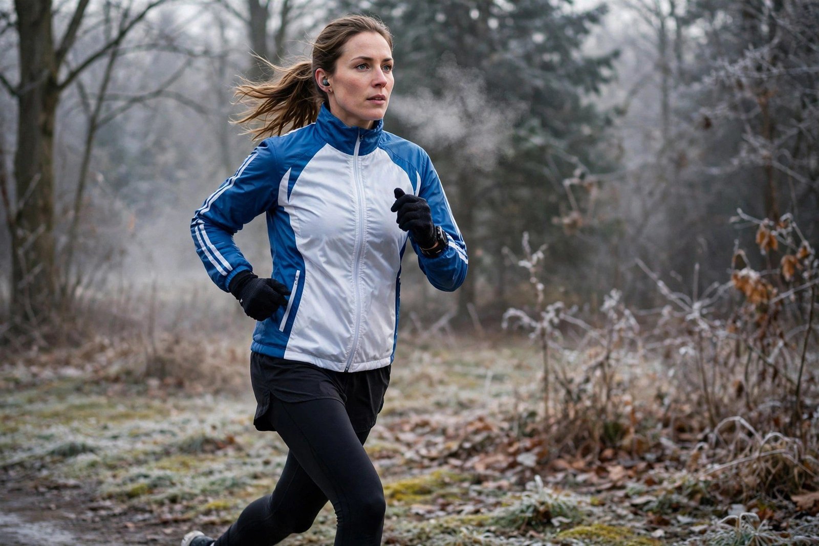 Woman running in shorts over leggings with a winter top
