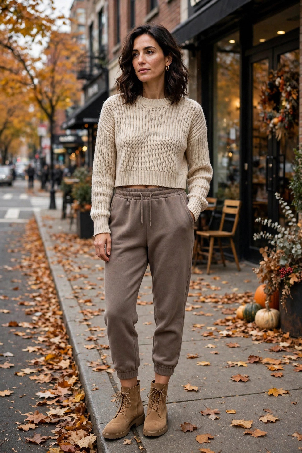Woman wearing taupe joggers with a cropped knit sweater and suede ankle boots