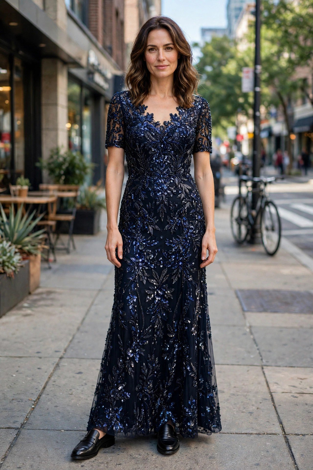 Woman wearing an embellished evening gown styled with polished leather loafers