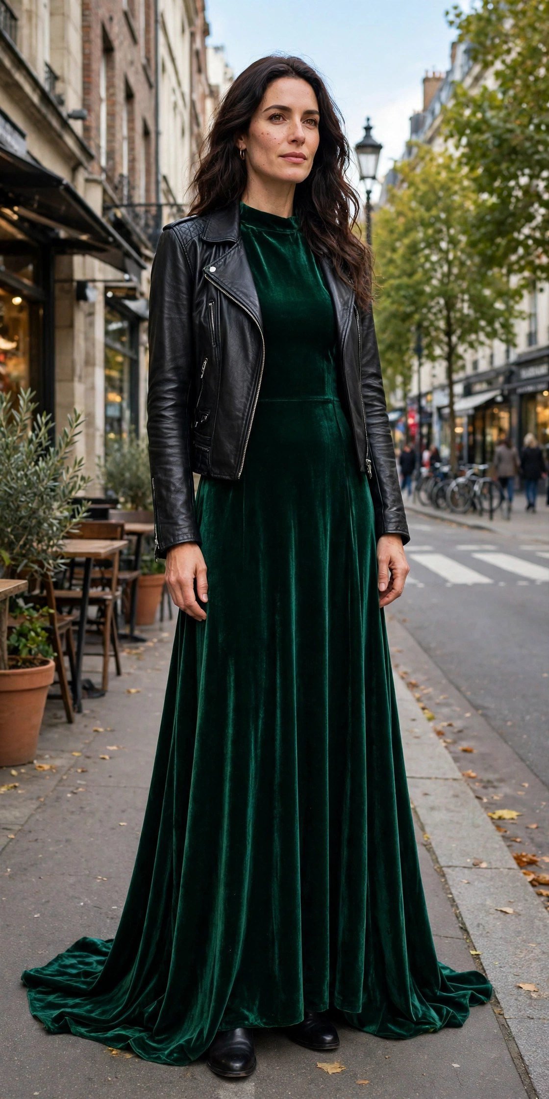Woman wearing a velvet maxi gown styled with a black leather biker jacket