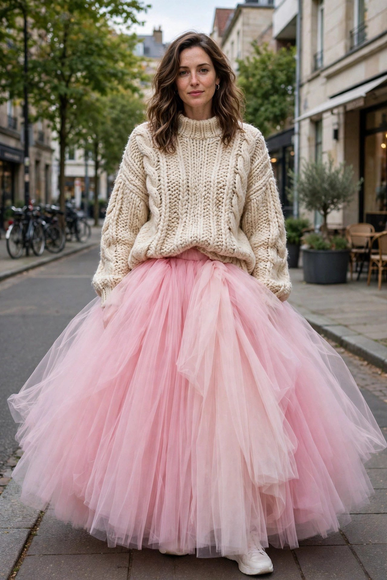 Woman in a formal ball gown with a chunky knit sweater layered over the top