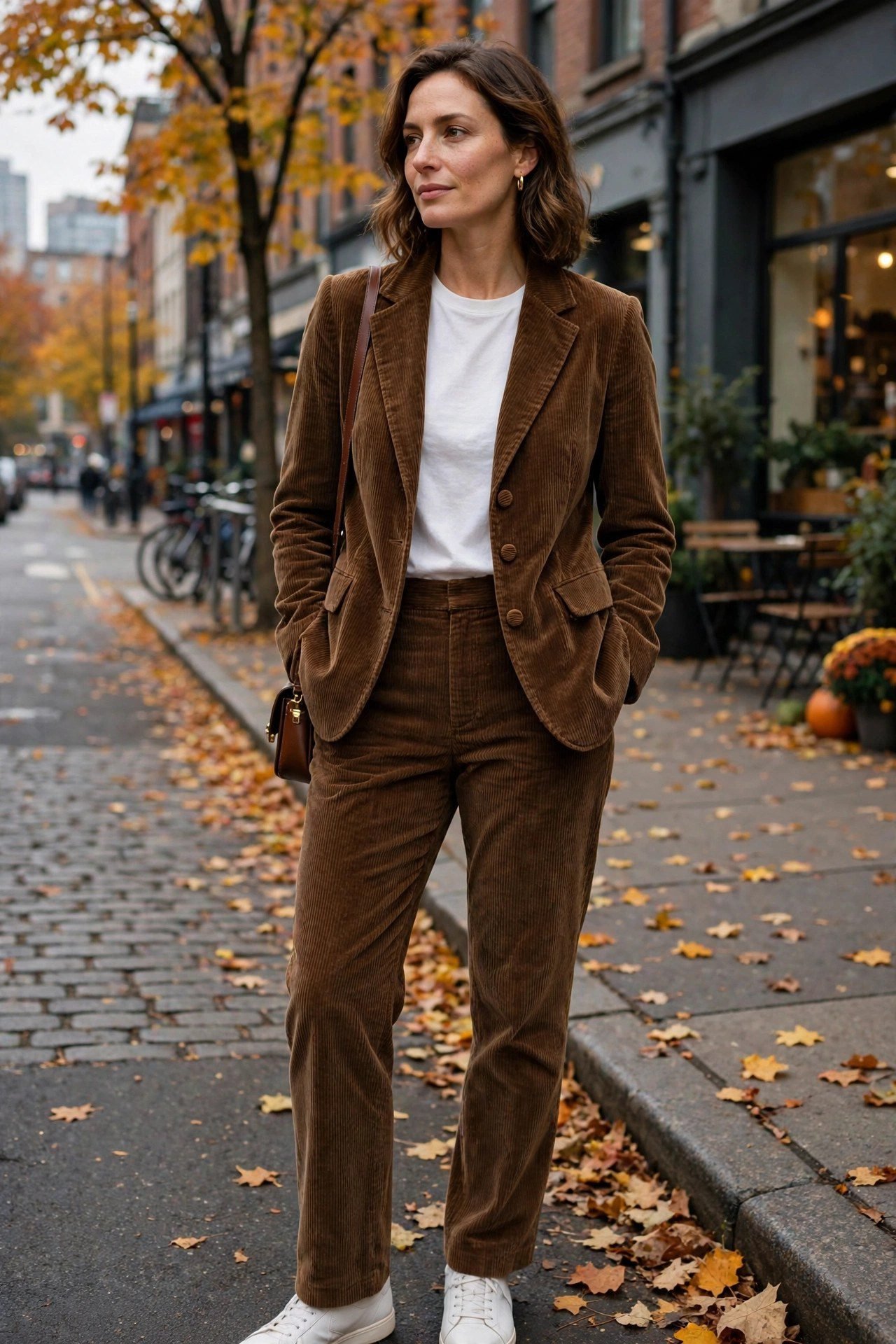 Woman wearing a brown corduroy blazer and matching corduroy trousers for a retro fall look