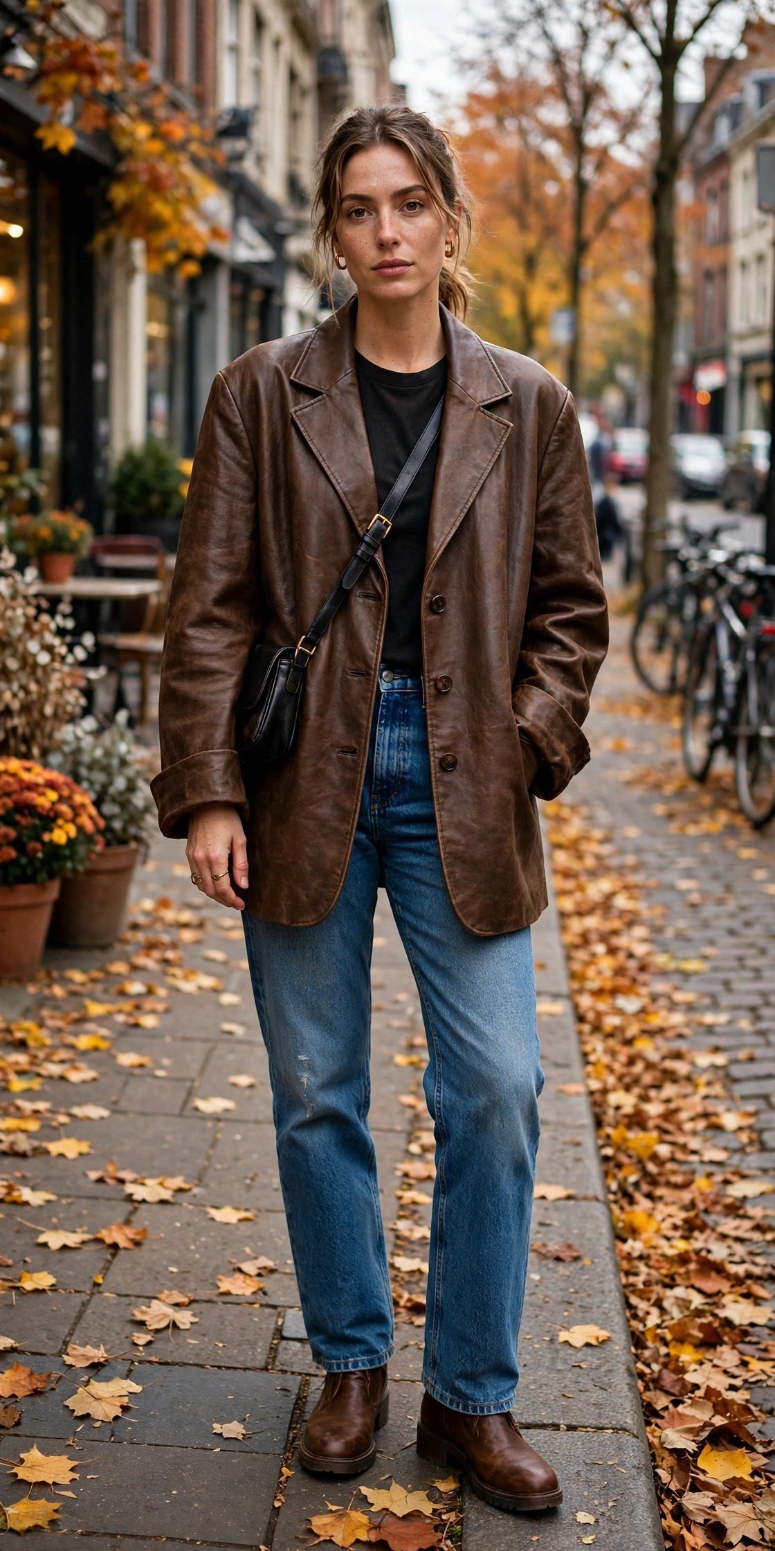 Woman wearing an oversized brown leather blazer with jeans