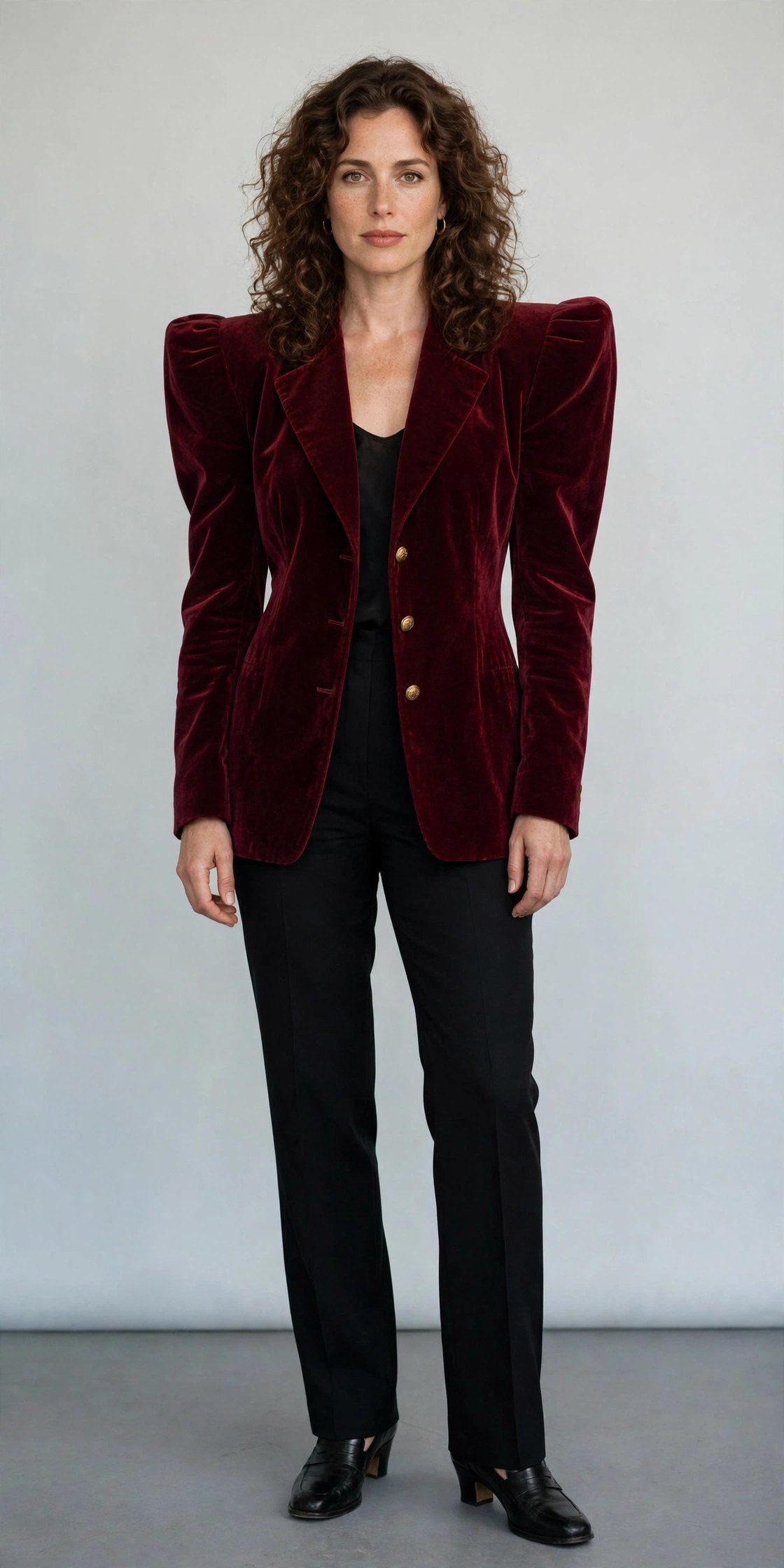 Woman in a burgundy velvet blazer with dramatic 80s shoulders