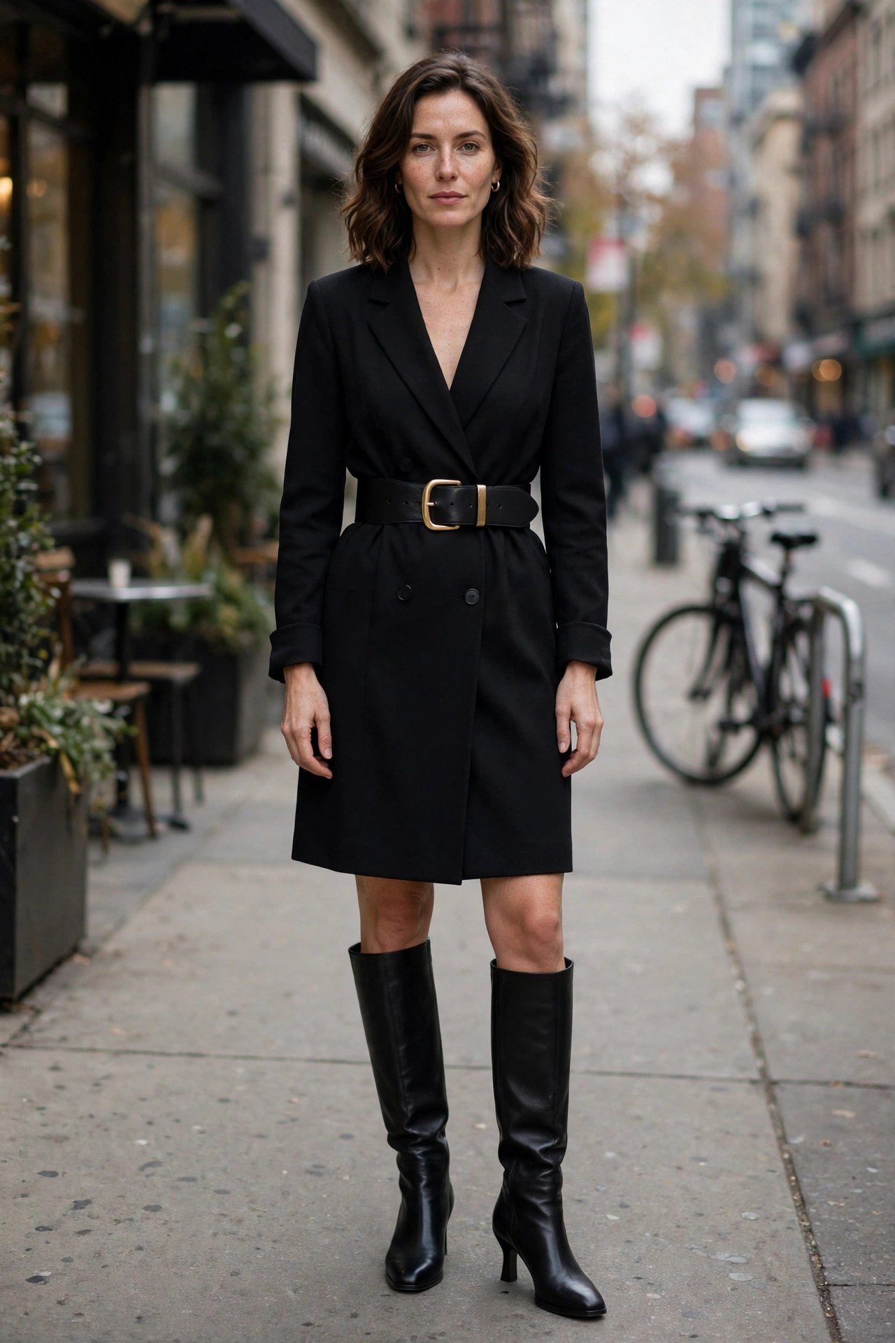 Woman wearing a belted blazer as a dress with knee-high boots