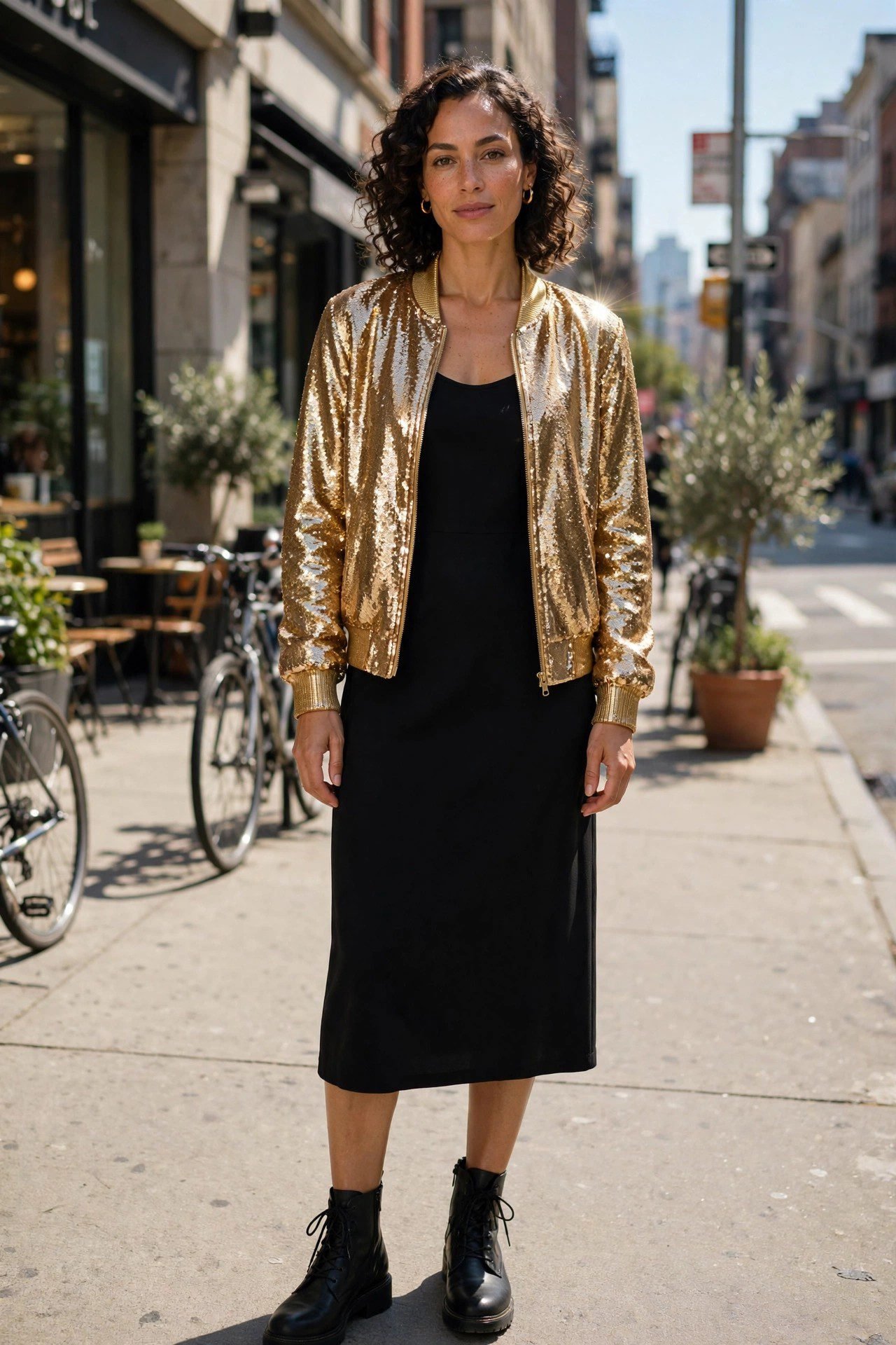Woman wearing a sequin bomber-style jacket in gold with a black dress