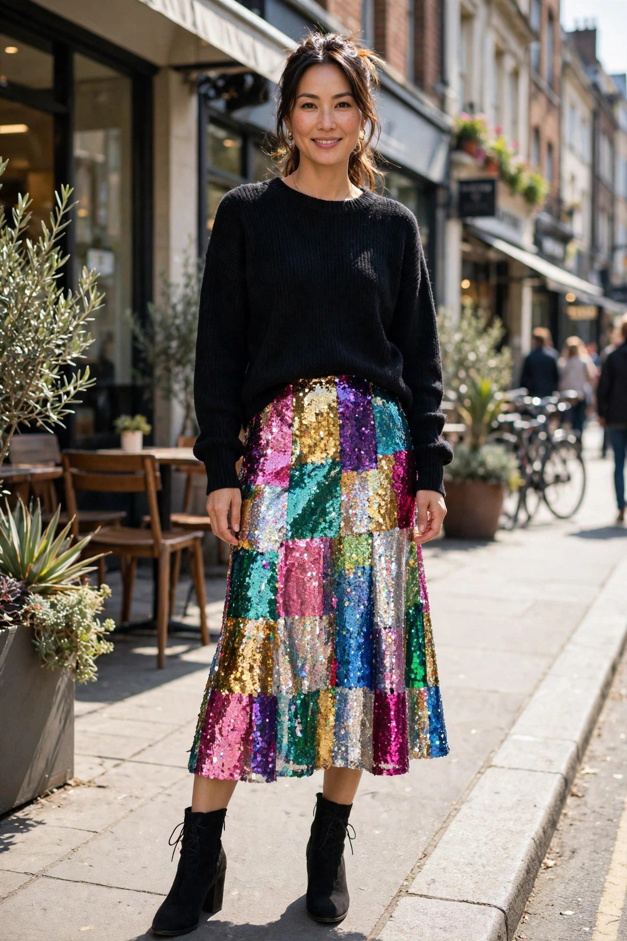 Woman in a multicolor sequin skirt with ankle boots and a black sweater