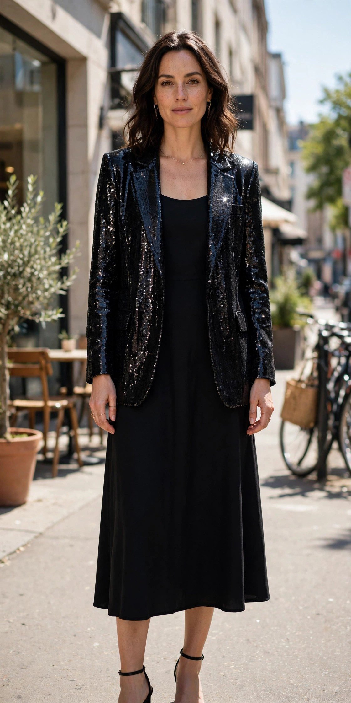 Woman wearing a sequin blazer over a simple black midi dress