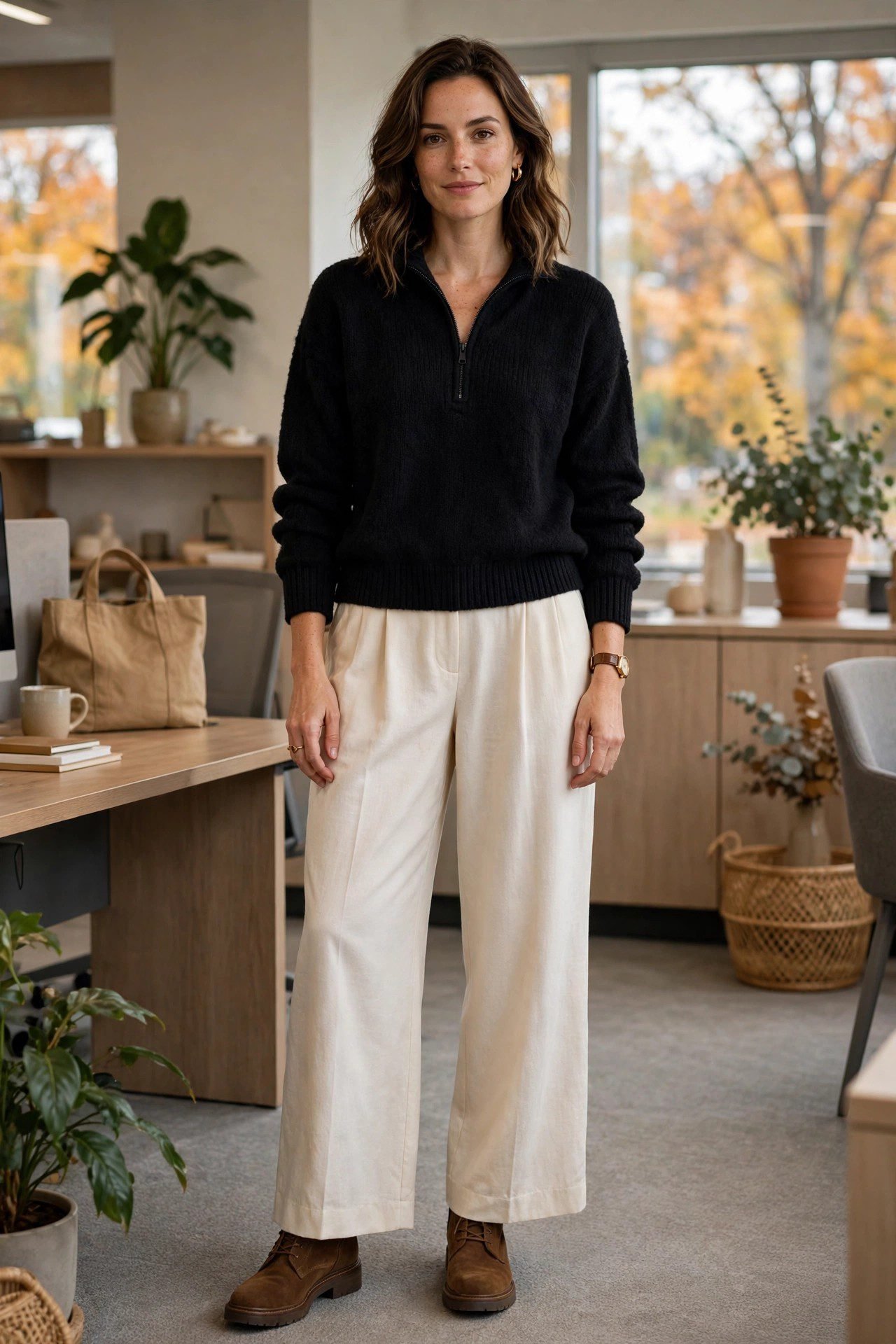 Woman wearing a black half-zip sweater with wide-leg cream trousers for the office