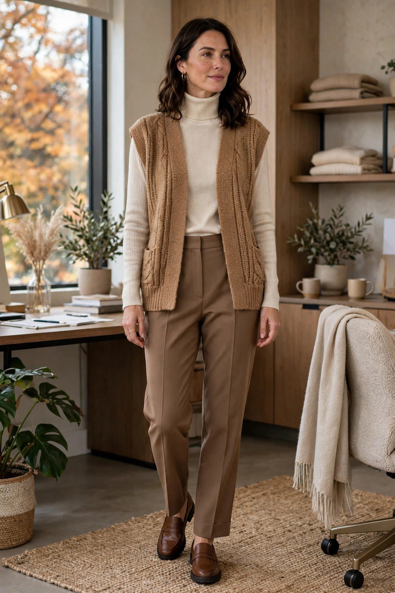 Woman layering a cream turtleneck under a camel sleeveless knit vest with trousers
