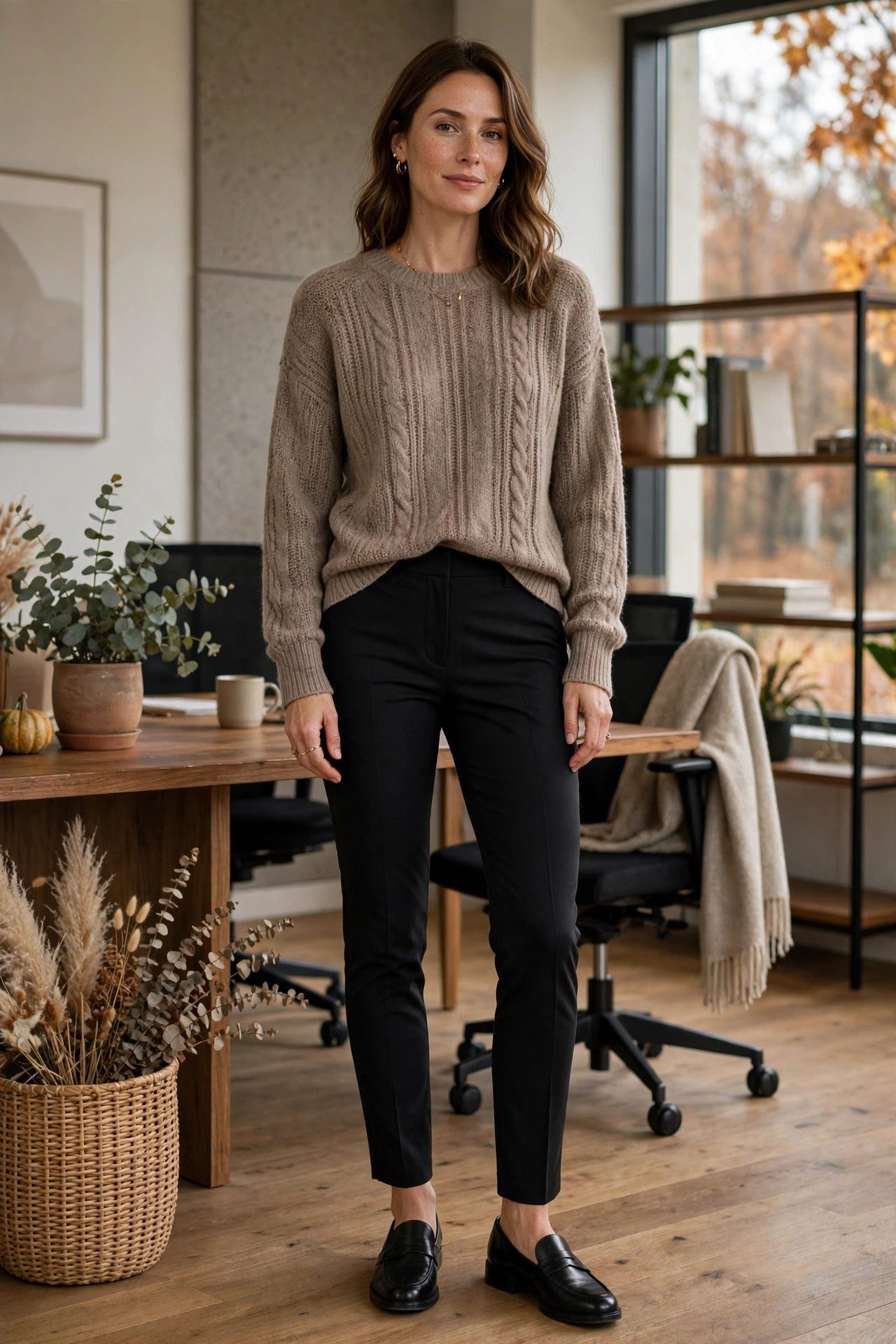 Woman wearing a relaxed taupe knit sweater tucked into slim black trousers with loafers