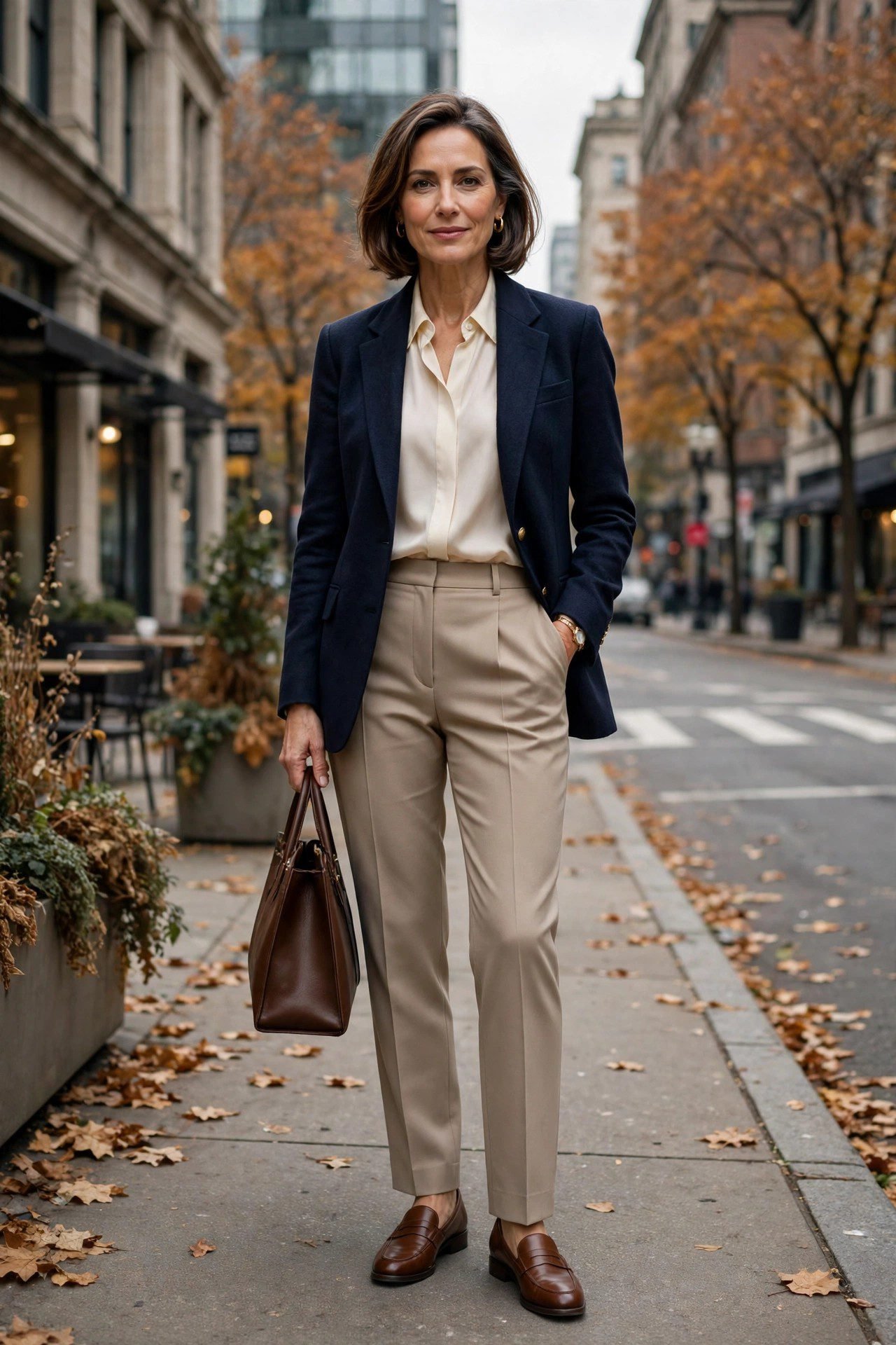 Elegant woman over 40 wearing a navy blazer with a cream blouse and tailored trousers