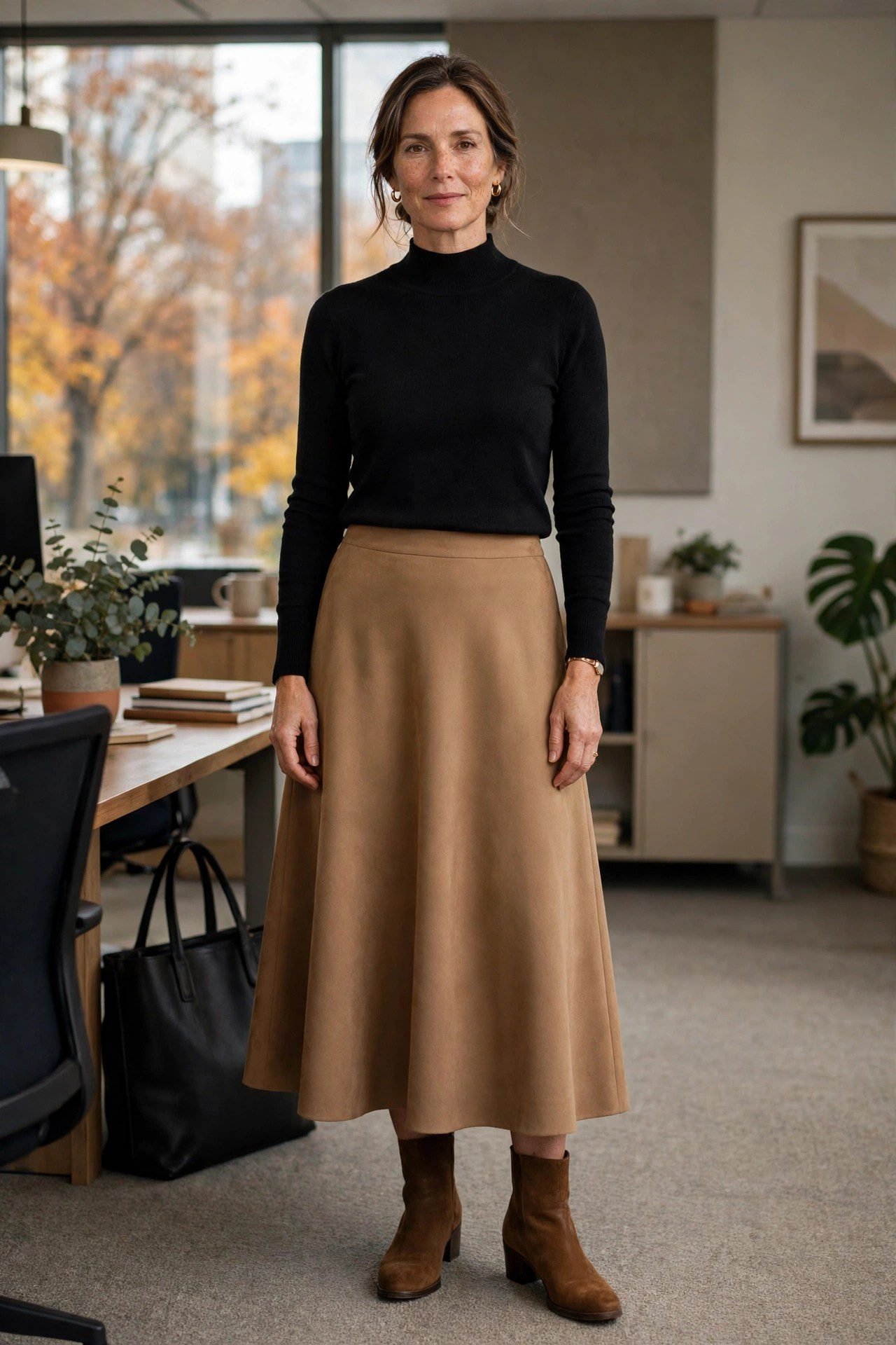 Woman over 40 wearing a black mock-neck knit with a camel A-line skirt