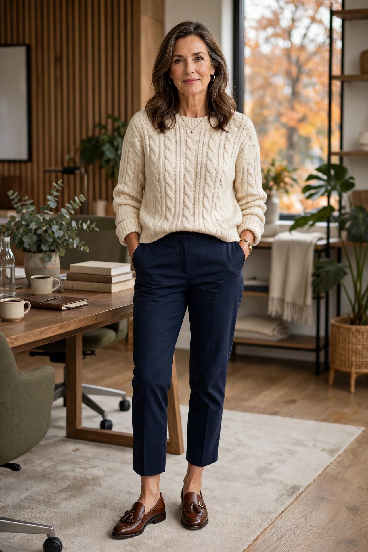 Woman in cropped navy ankle trousers with polished leather loafers and a knit sweater