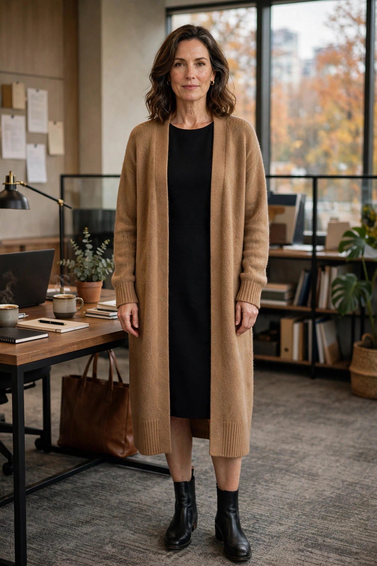 Woman wearing a long camel cardigan layered over a black sheath dress