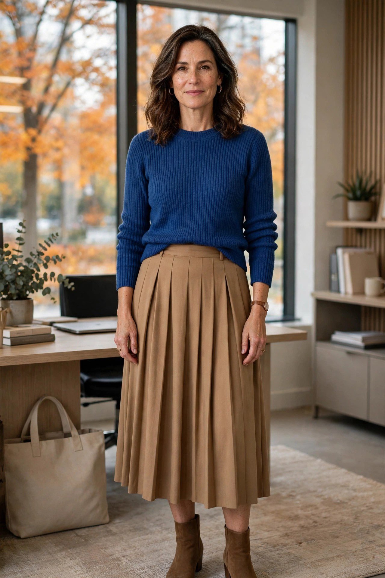 Woman in a sapphire ribbed knit tucked into a metallic pleated midi skirt