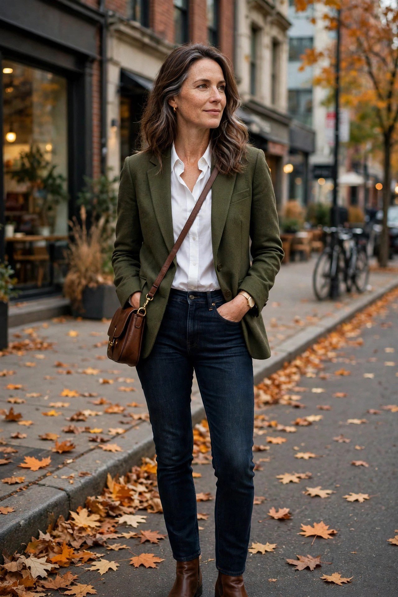 Woman wearing an olive blazer with a white shirt and dark jeans in fall