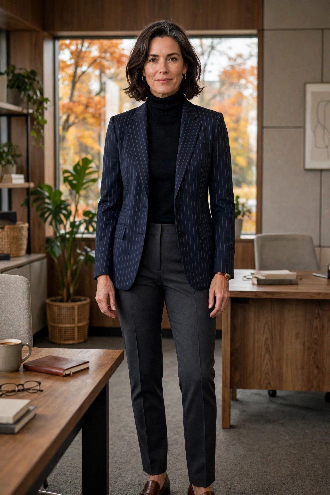 Confident woman wearing a pinstripe blazer over a black turtleneck with trousers