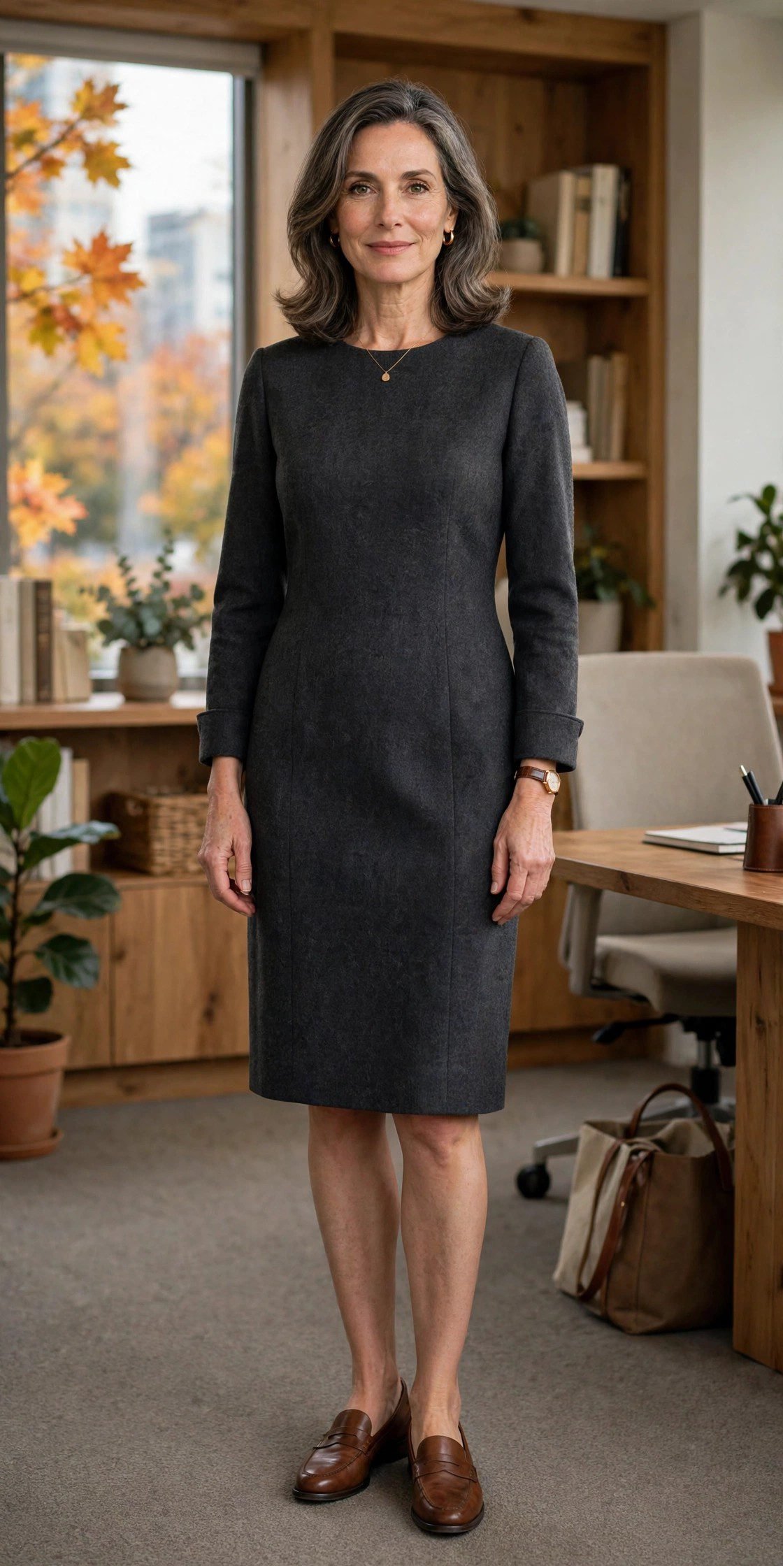 Woman over 40 in a charcoal wool shift dress with brown leather loafers