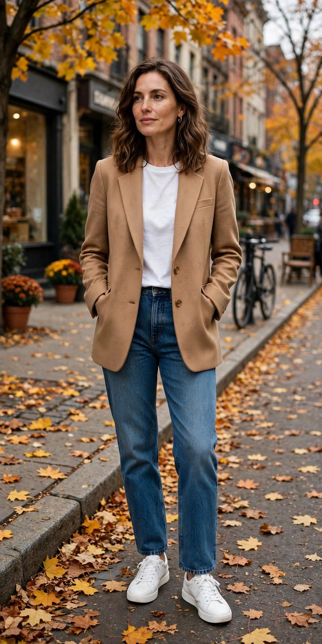 Woman wearing white sneakers with a camel blazer and straight-leg jeans in fall