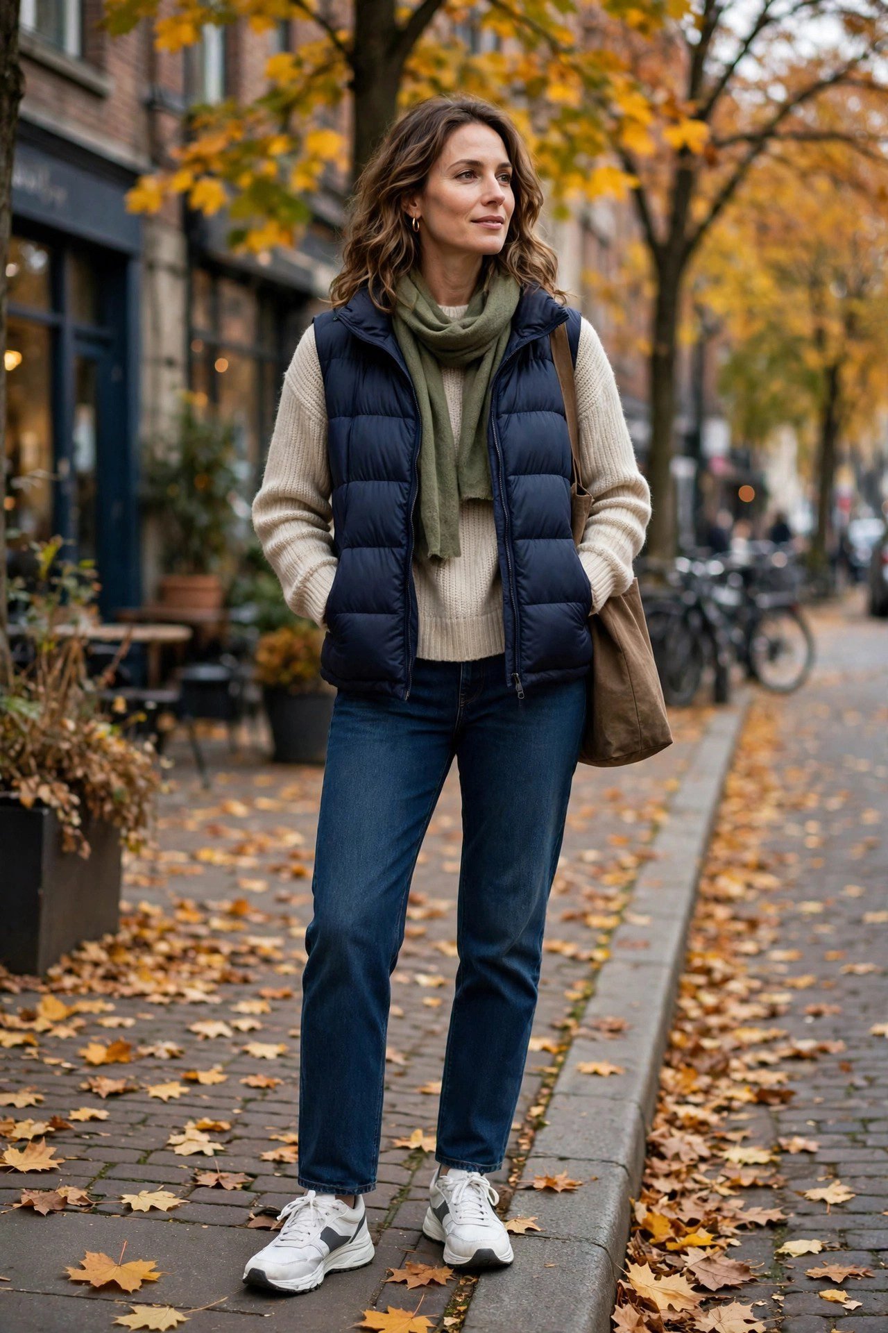 Woman in a navy puffer vest over a sweater with jeans and sneakers in fall