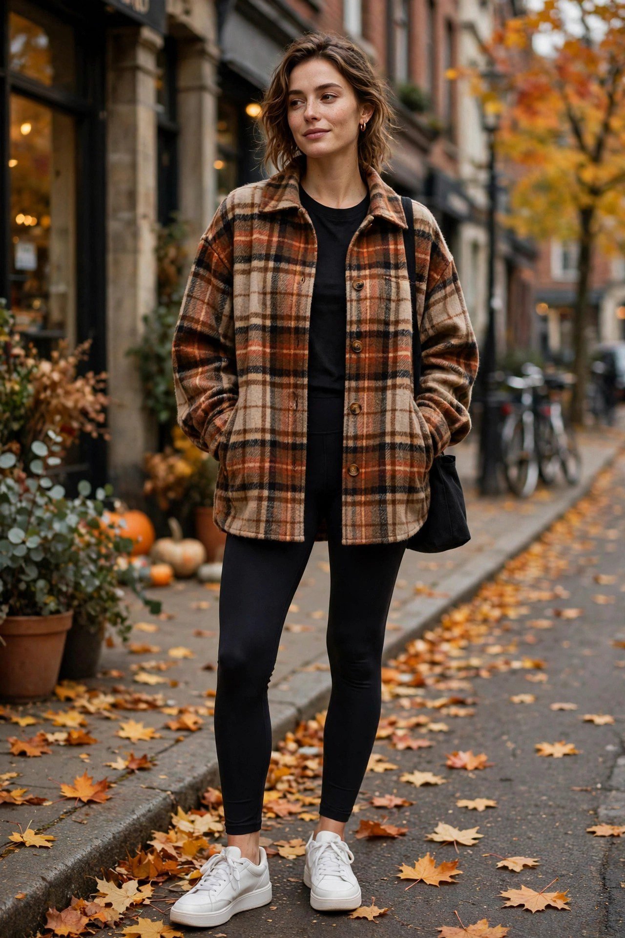 Woman in an oversized plaid shacket with black leggings and sneakers
