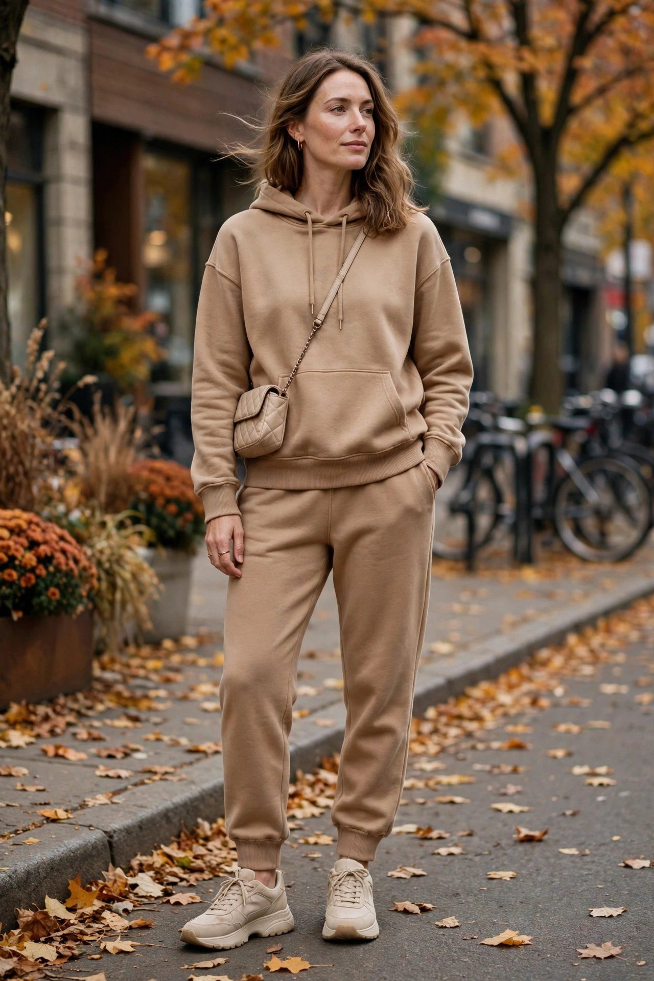 Woman wearing a camel monochrome sweatsuit with tonal sneakers