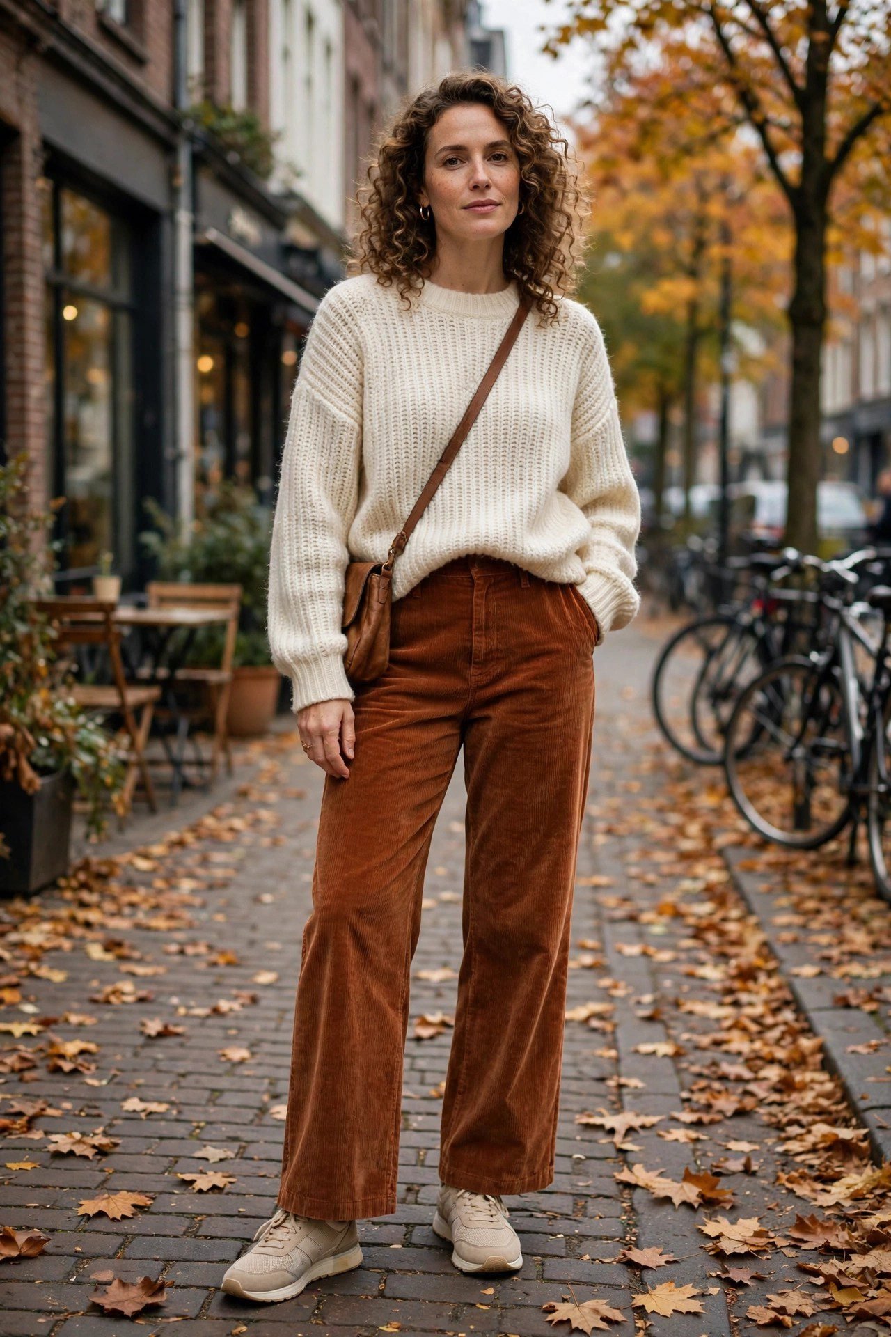 Woman in rust corduroy pants with a cream sweater and neutral sneakers