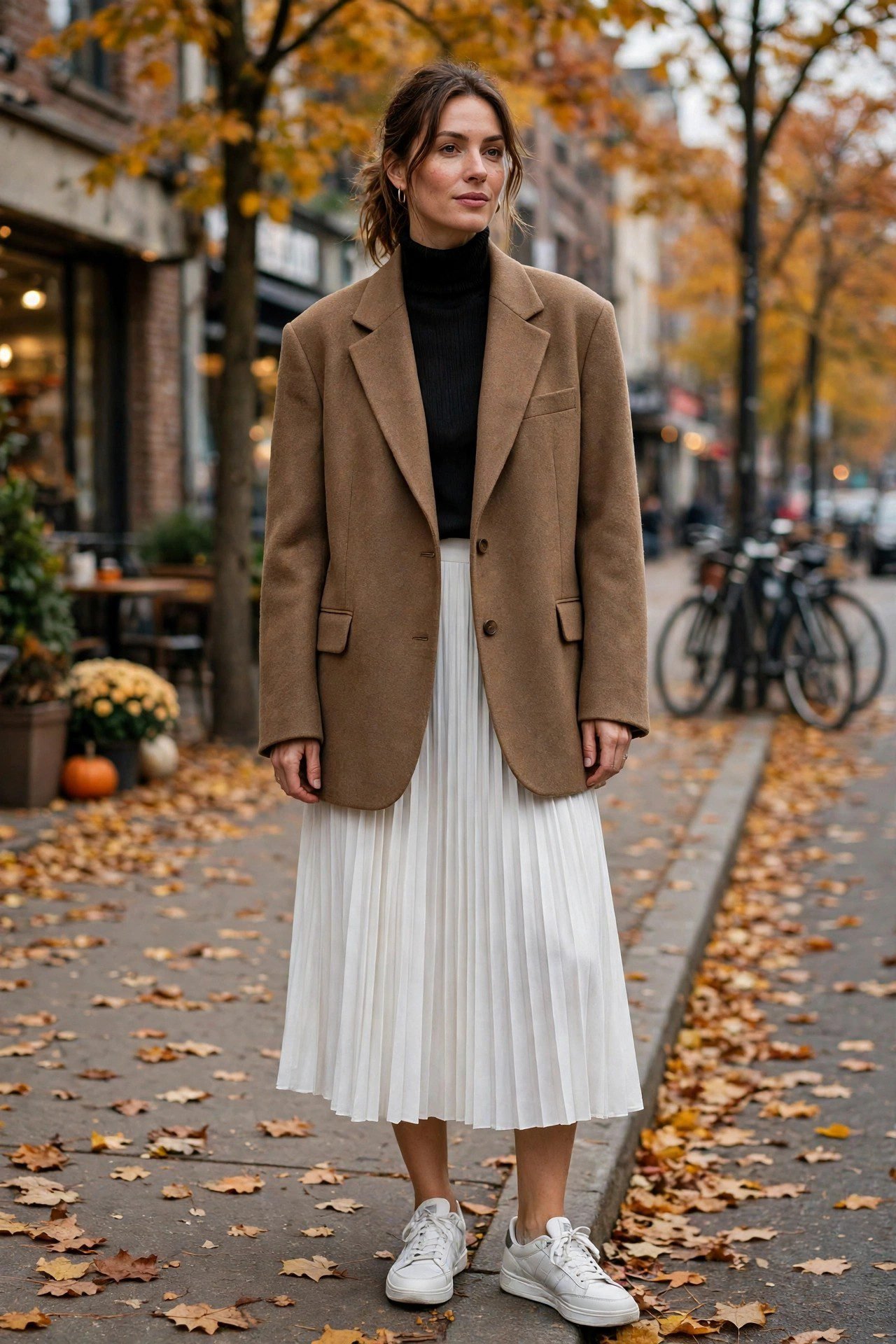 Woman wearing white sneakers with a pleated midi skirt and oversized blazer
