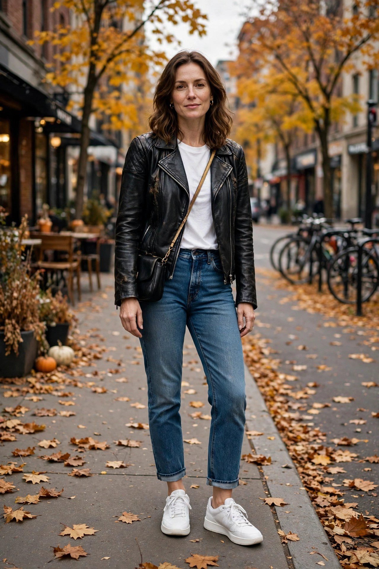 Woman in a black leather jacket with jeans and white sneakers in fall