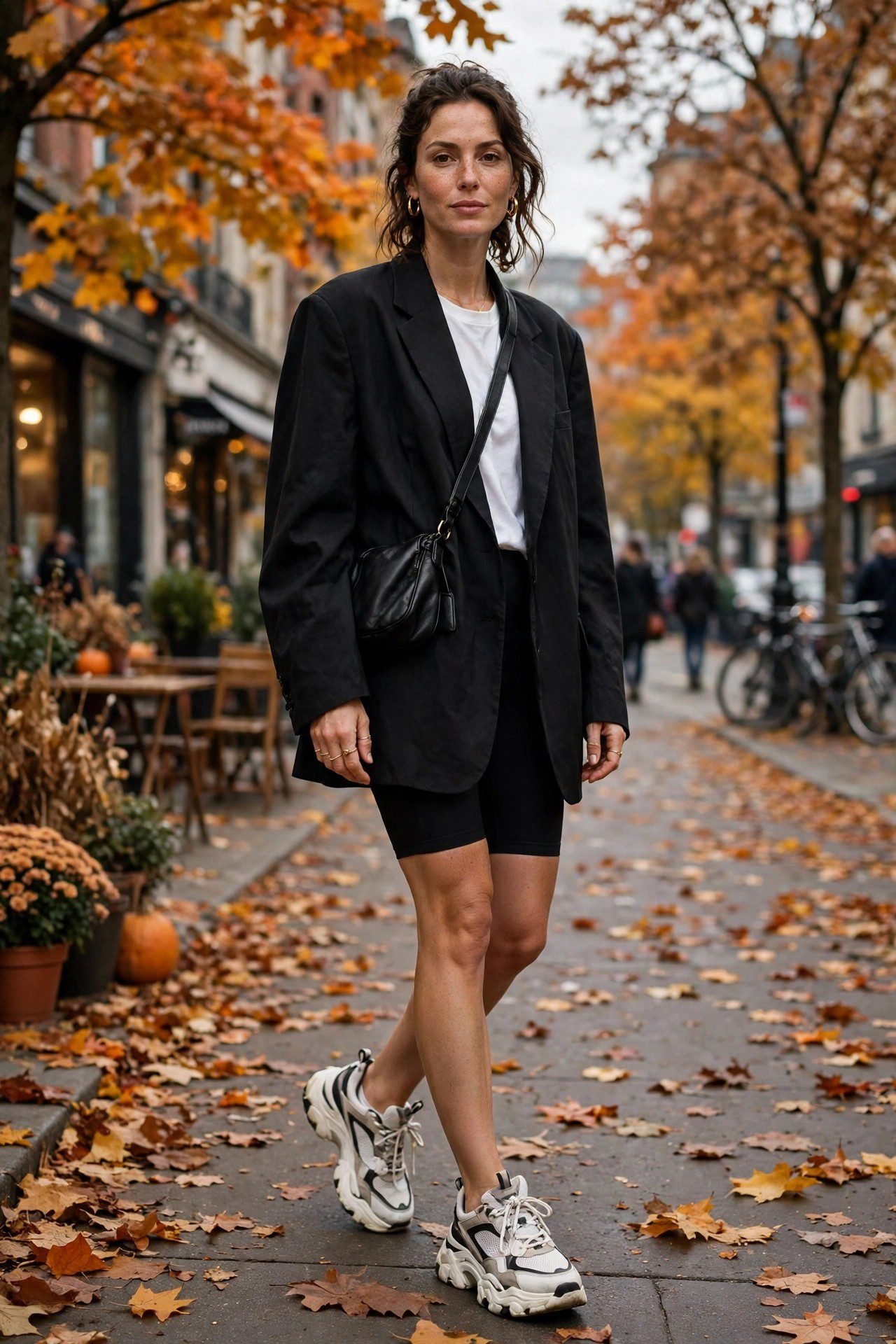 Woman wearing an oversized black blazer with bike shorts and chunky sneakers