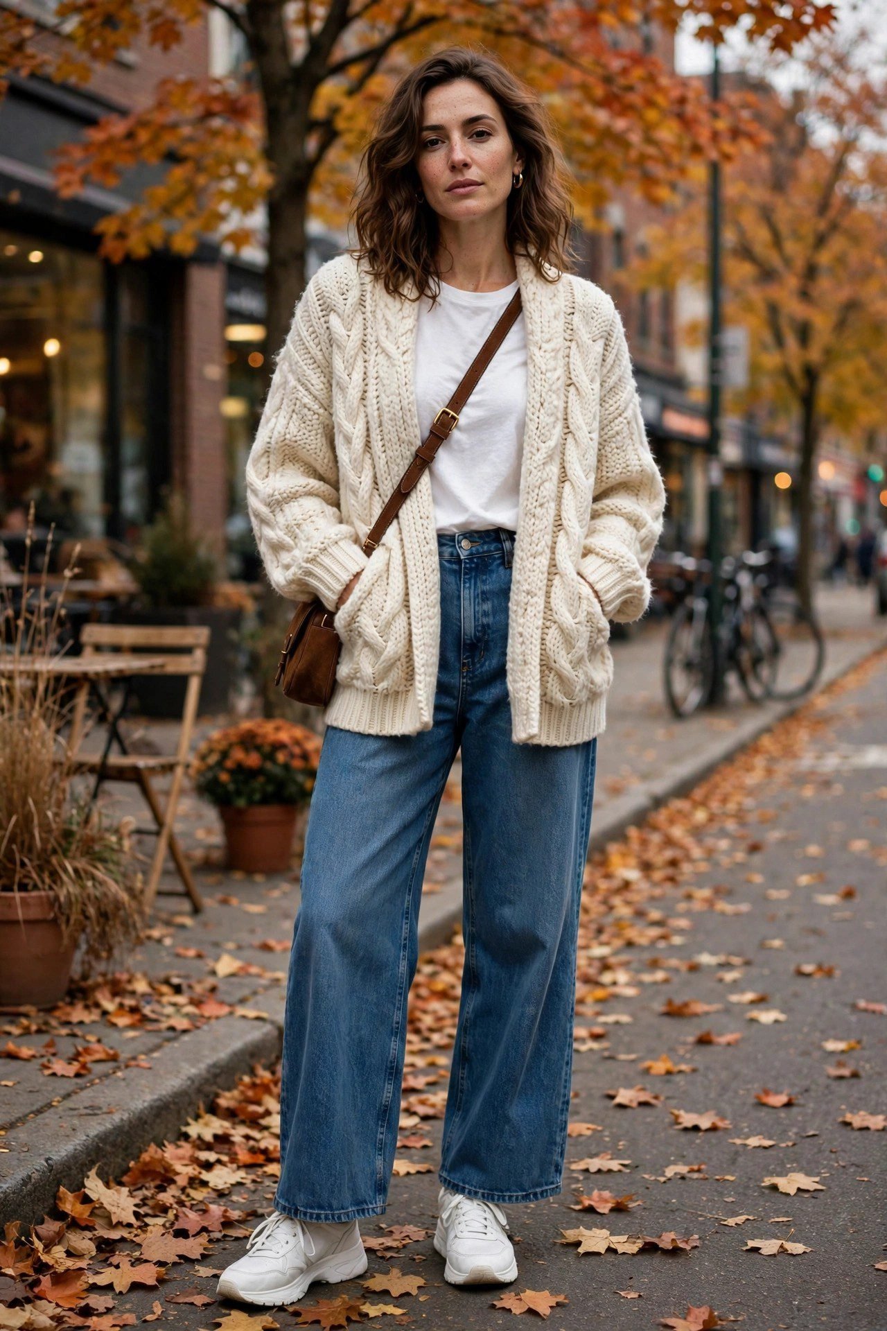 Woman in a chunky knit cardigan with wide-leg jeans and white sneakers