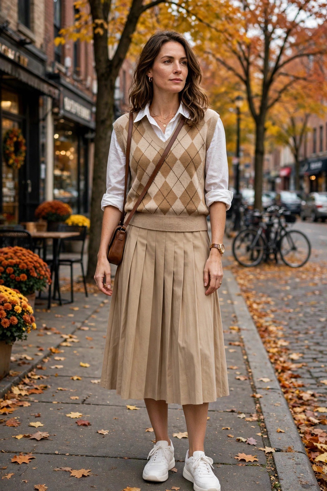 Woman wearing a sweater vest over a white shirt with a pleated skirt and sneakers