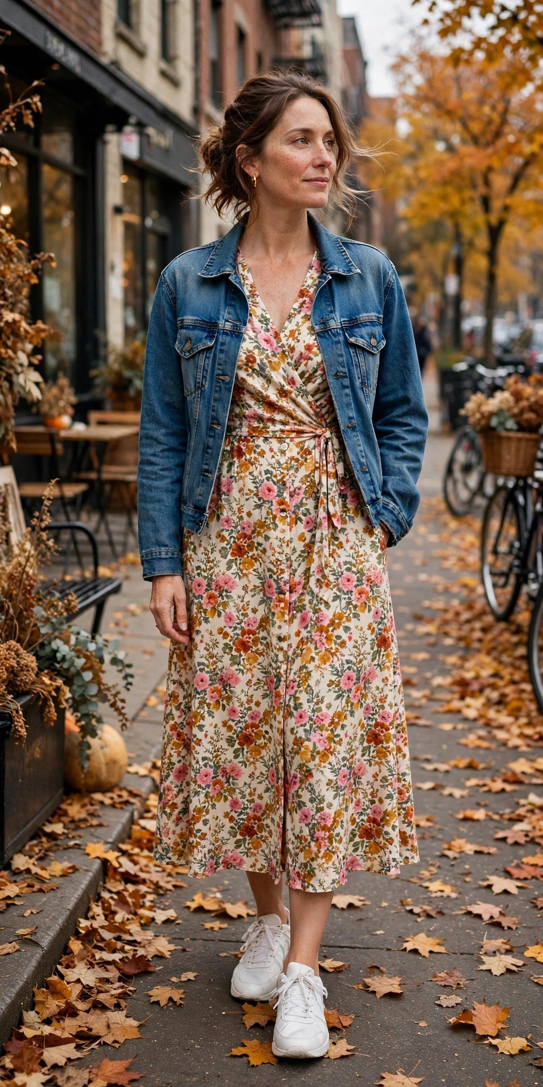 Woman in a floral midi dress with a denim jacket and white sneakers