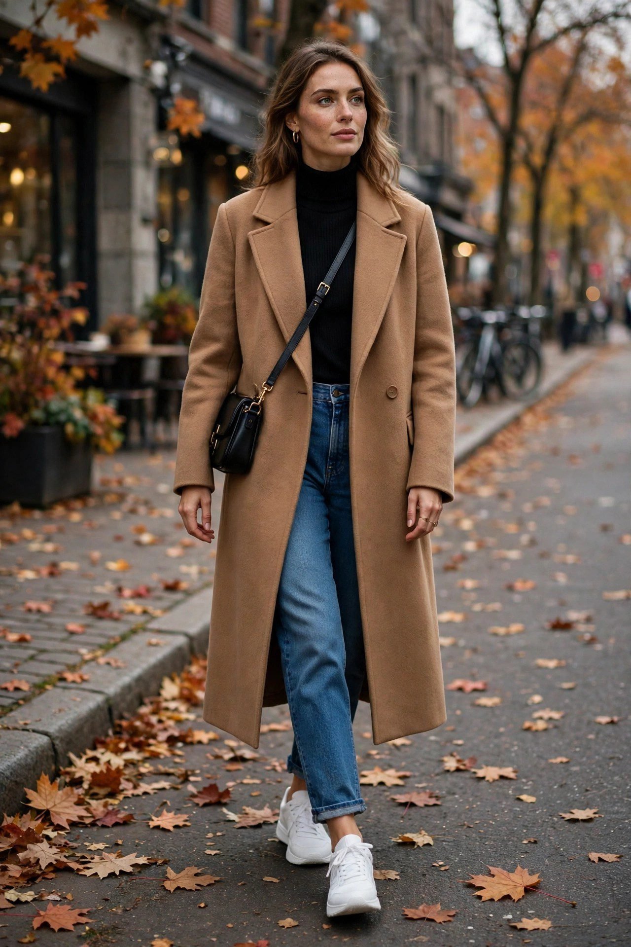 Woman in a camel wool coat with jeans and pristine white sneakers