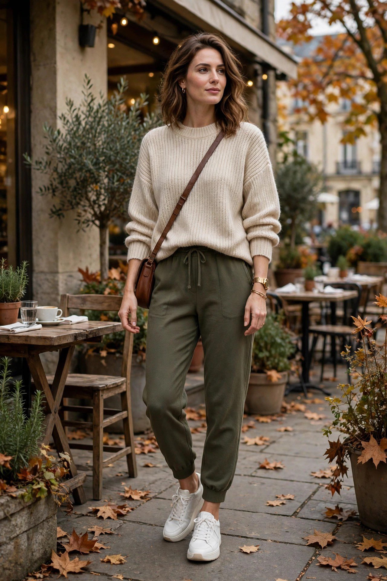 Woman wearing tailored joggers with a soft knit sweater and sneakers for travel
