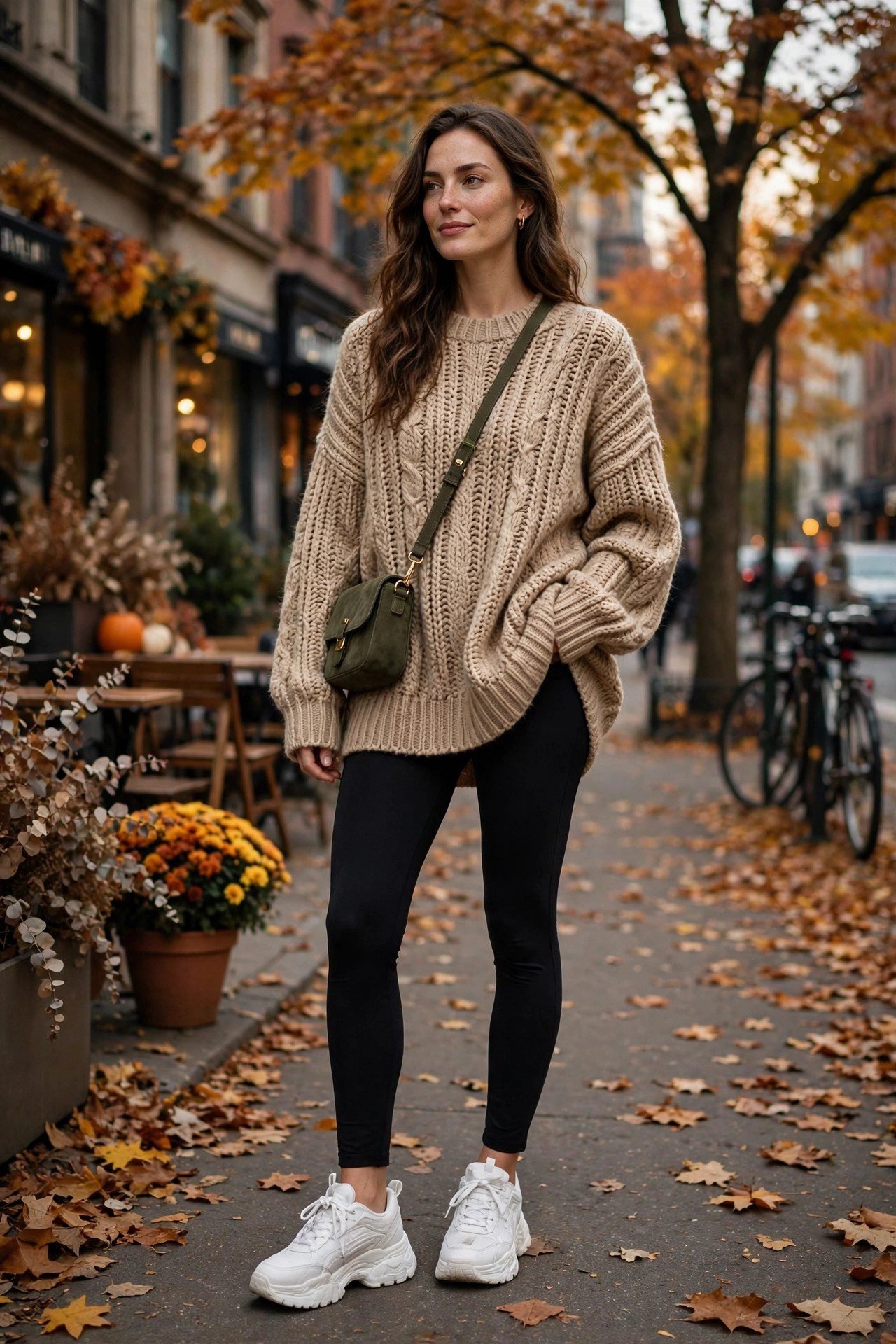 Woman wearing chunky sneakers with black leggings and an oversized beige sweater