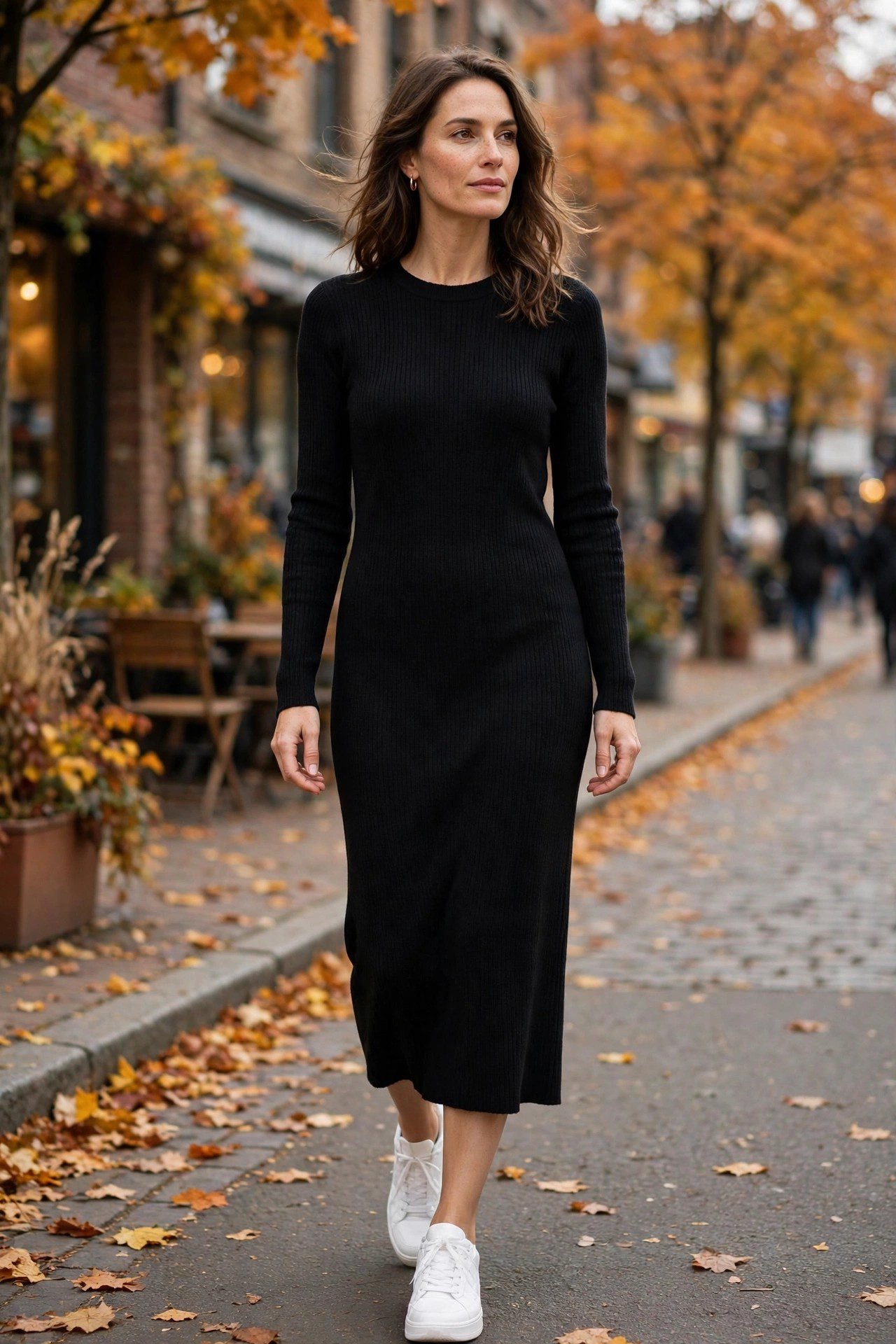 Woman in a black ribbed knit midi dress with clean white sneakers