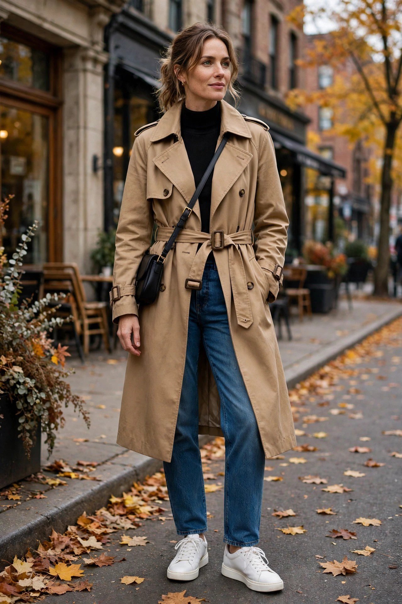 Woman wearing white sneakers with a classic camel trench coat and jeans