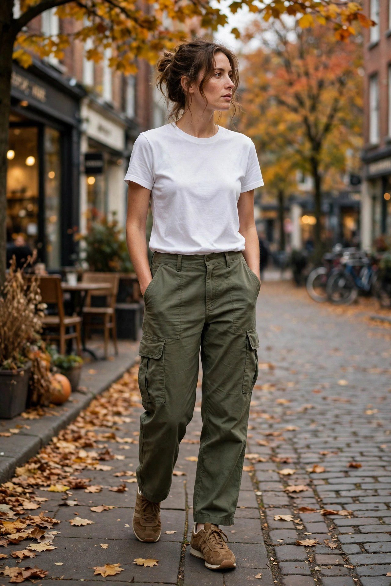 Woman wearing retro sneakers with olive cargo pants and a white tee