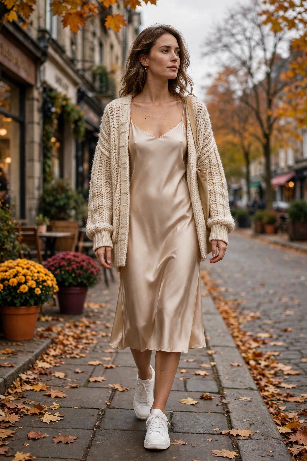 Woman in a champagne slip dress with a chunky cardigan and white sneakers
